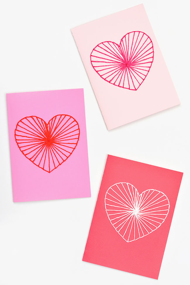 Heart string art cards in Valentine's Day colours