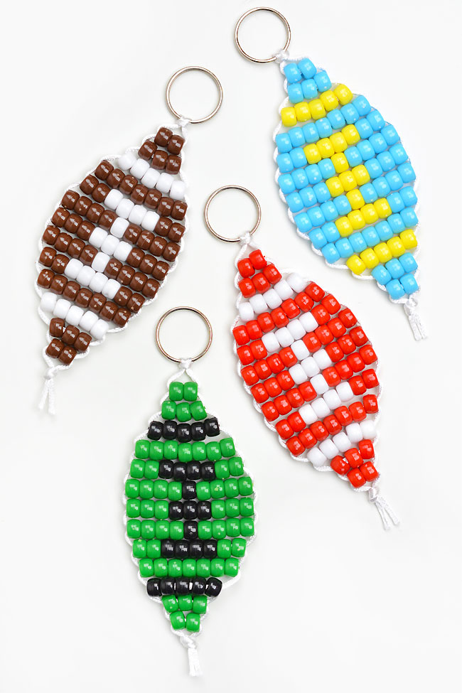Four colour combinations for football pony bead keychains
