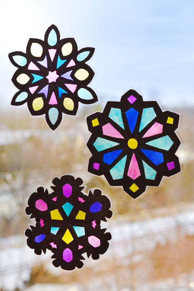 Easy "stained glass" snowflake suncatcher craft