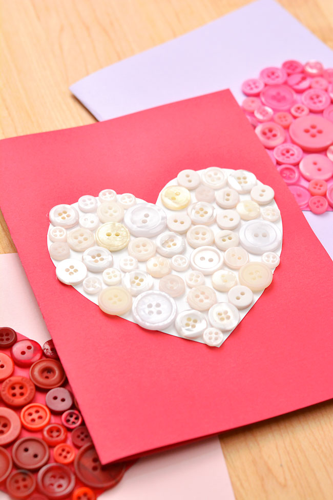 Make art from buttons on a homemade Valentine