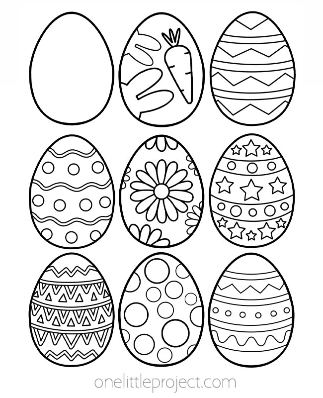 9 different designs on free printable Easter egg templates