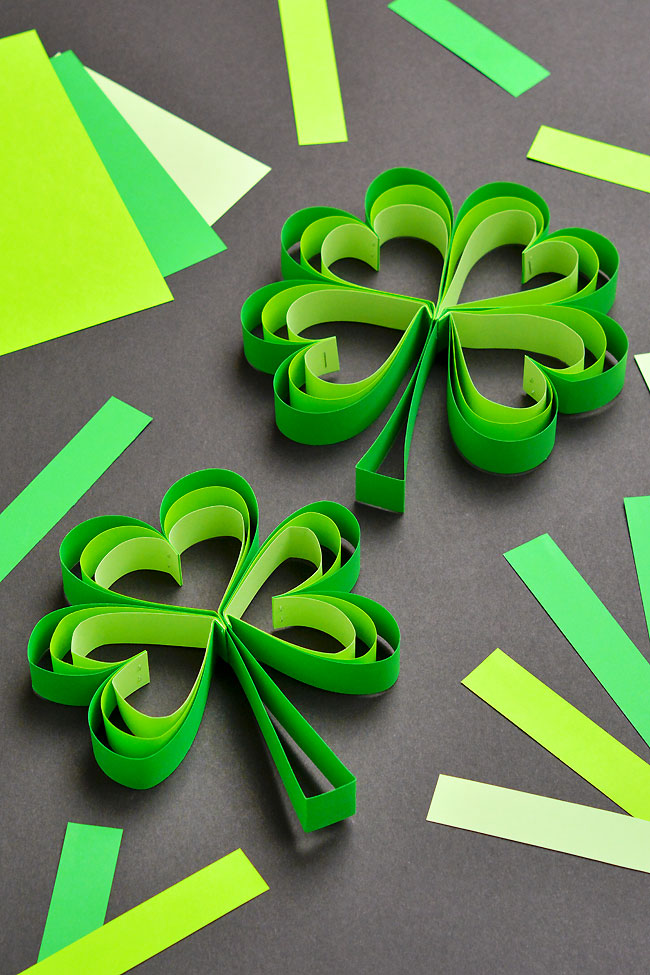 Paper shamrock and four leaf clover decorations for St. Patrick's Day