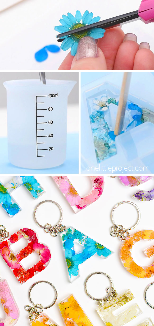 Resin letters keychains with colourful pressed flowers