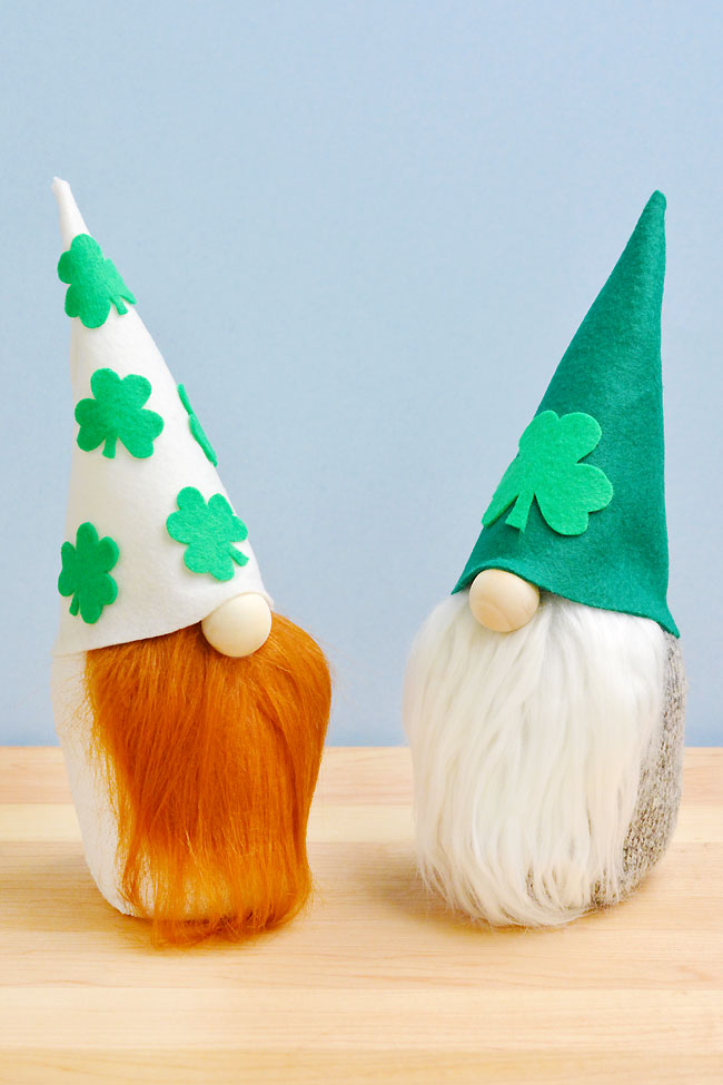 Cute no-sew St. Patrick's Day gnomes on a light background