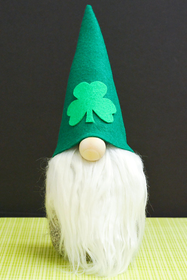 DIY sock gnome with a shamrock St. Patrick's Day hat