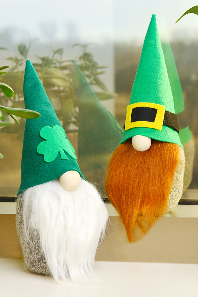 DIY St. Patrick's Day gnomes with leprechaun and shamrock hats