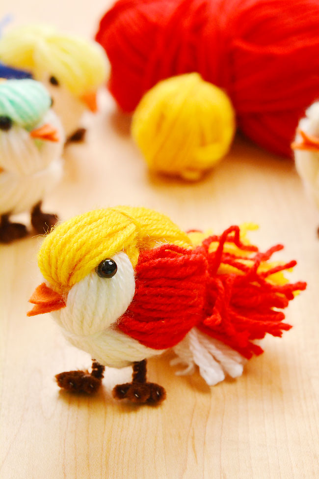 Adorable bird craft made from scrap yarn