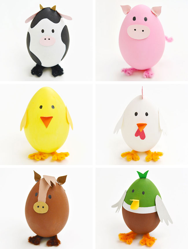 Individual pictures of animal Easter eggs -- a cow, pig, chick, chicken, horse, and duck.