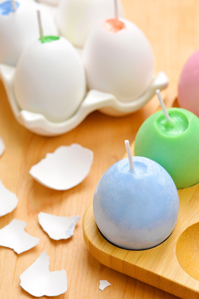 Easter egg shaped candles made in real eggshells