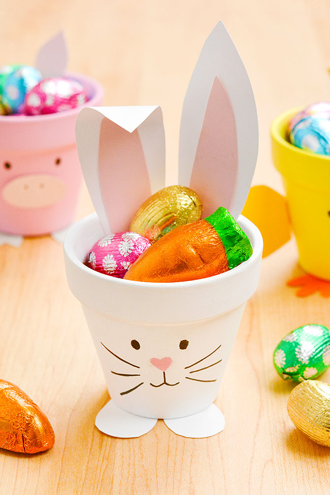 Clay pot bunny used as a candy dish for Easter chocolate