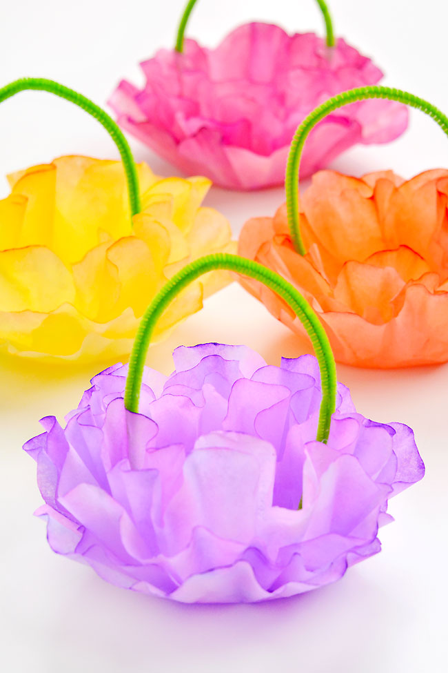 Colourful DIY Easter baskets made with coffee filters