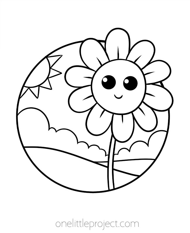 Coloring pages spring - happy flower in a sunny field