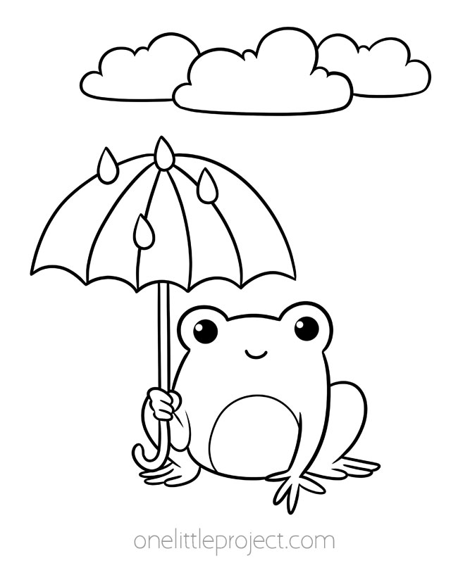 Coloring pages spring - happy frog with an umbrella under rain clouds
