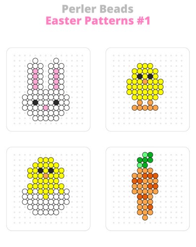 Perler bead patterns for Easter bunny, chicks, and carrot