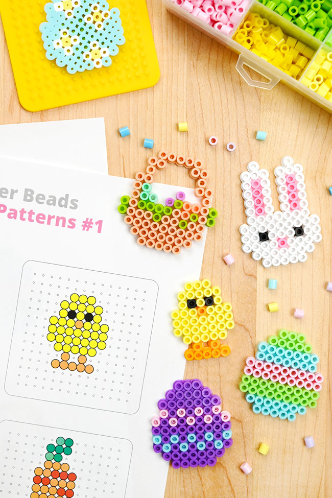 Free printable Easter Perler bead patterns featuring a bunny, eggs, chicks, and more