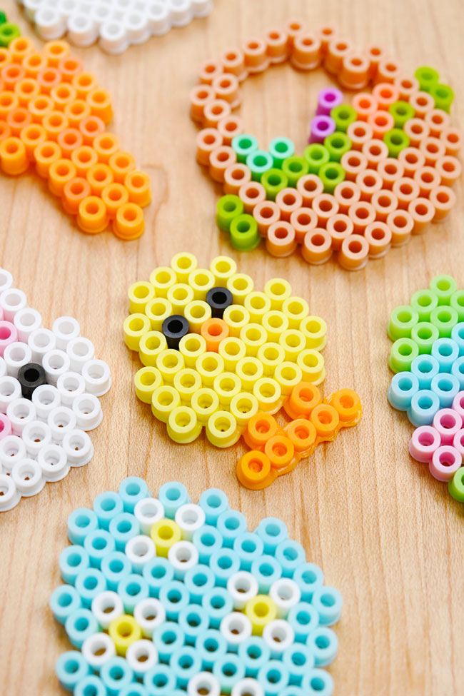 Close side view of Perler beads made into cute and easy Easter patterns