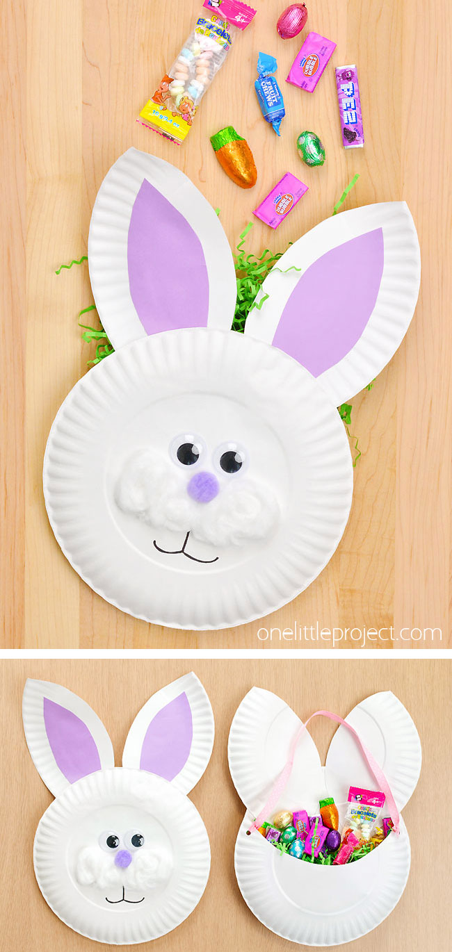 DIY paper plate Easter basket shaped like a bunny