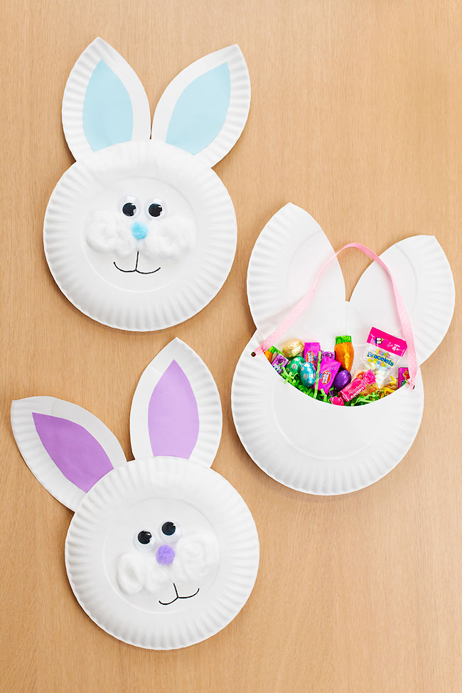 Cute and colourful paper plate Easter baskets shaped like a bunny