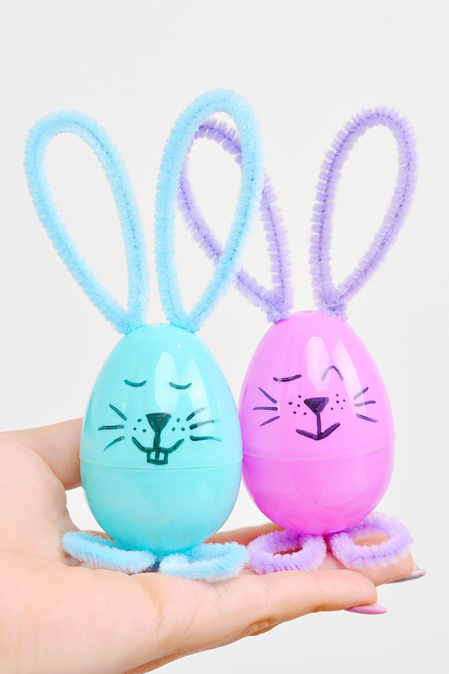 Easter craft turning a plastic egg into a bunny