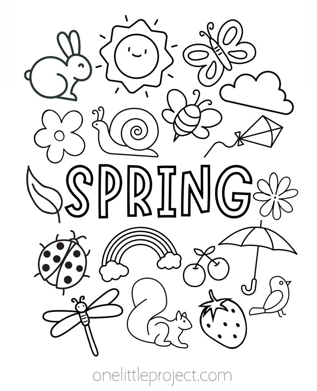 Spring color pages - collection of spring items like a ladybug, dragonfly, bird, and kite