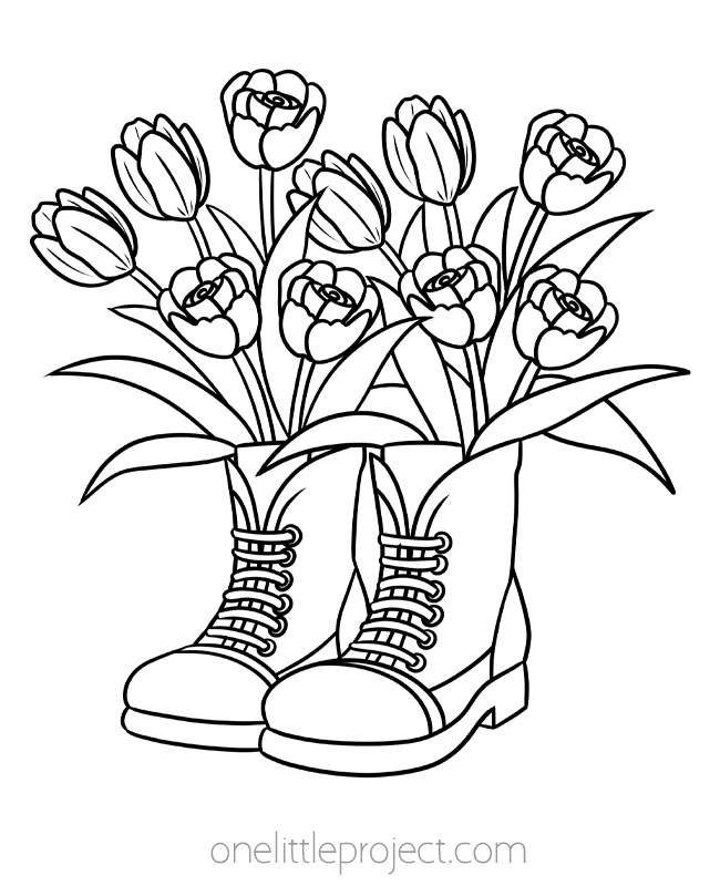 Spring coloring page - bouquet of flowers in rain boots