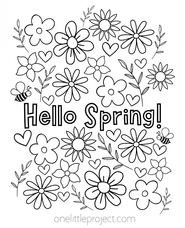 Spring coloring page - Hello Spring with flowers and bees