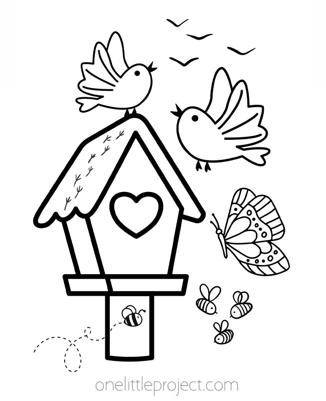 Spring coloring pages - birds, bees, and a butterfly
