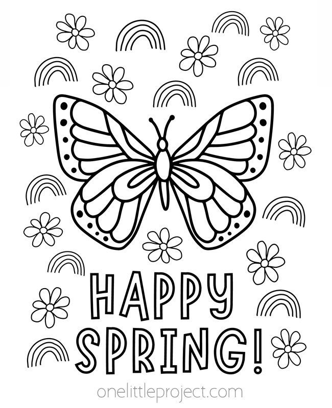 Spring coloring pages - Happy Spring with a butterfly, rainbows, and flowers
