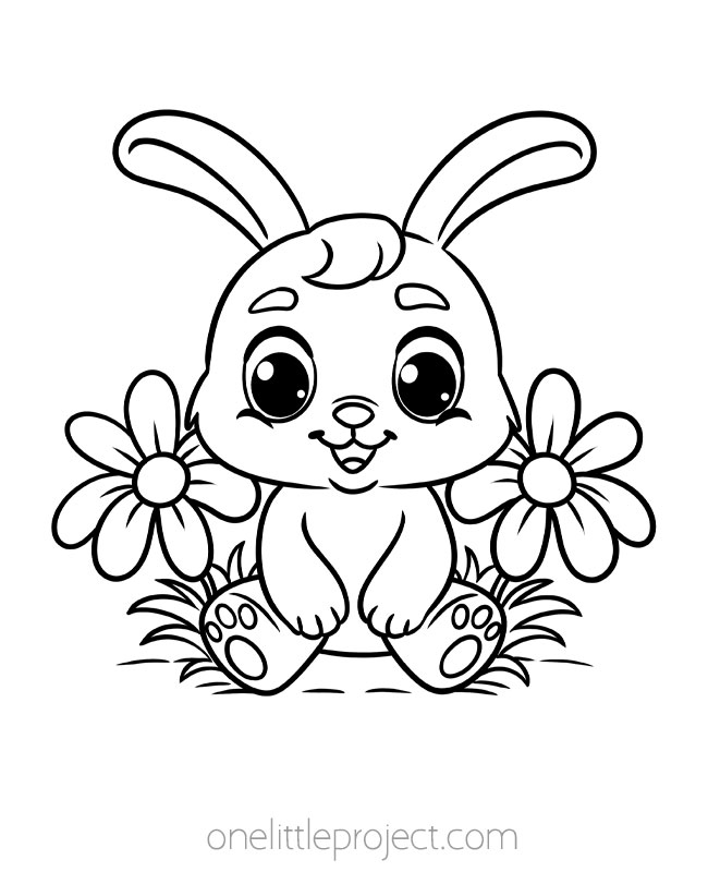 Spring coloring pages - happy bunny with flowers