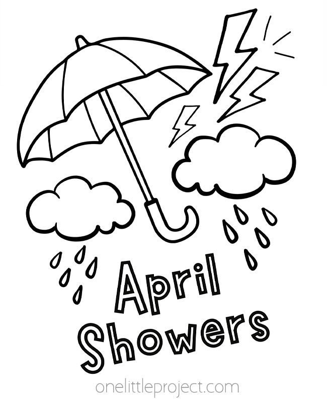 Spring coloring sheets - April showers with clouds, lightning, and an umbrella