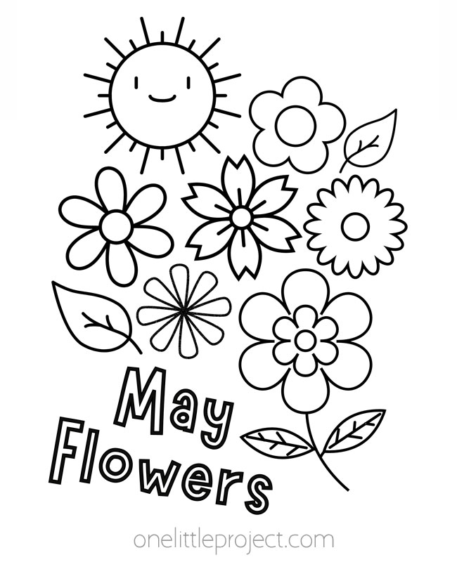 Spring coloring sheets - May flowers with a happy sunshine