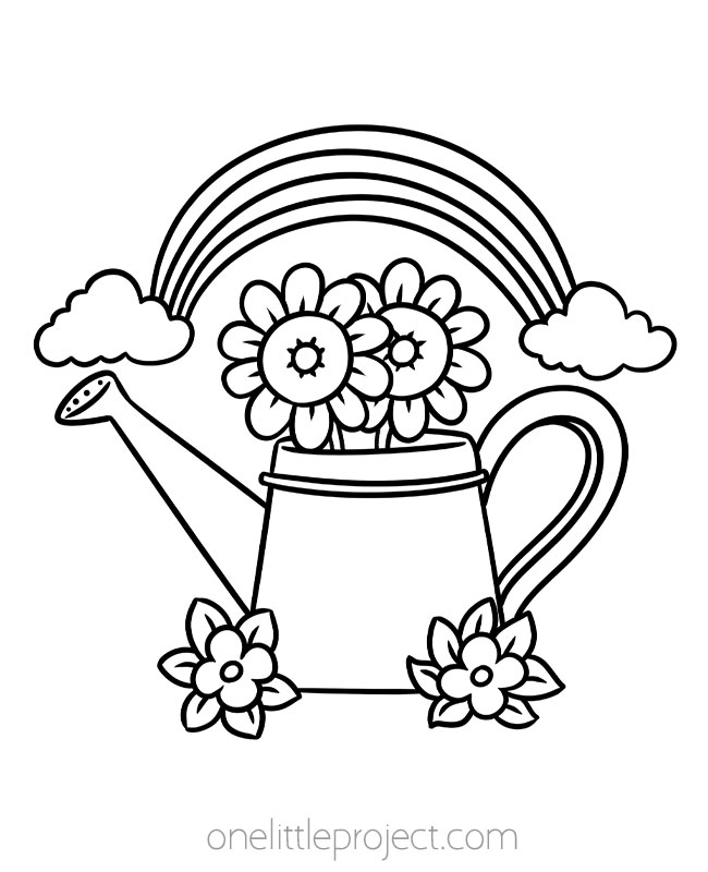 Spring coloring sheets - watering can, flowers, and rainbow