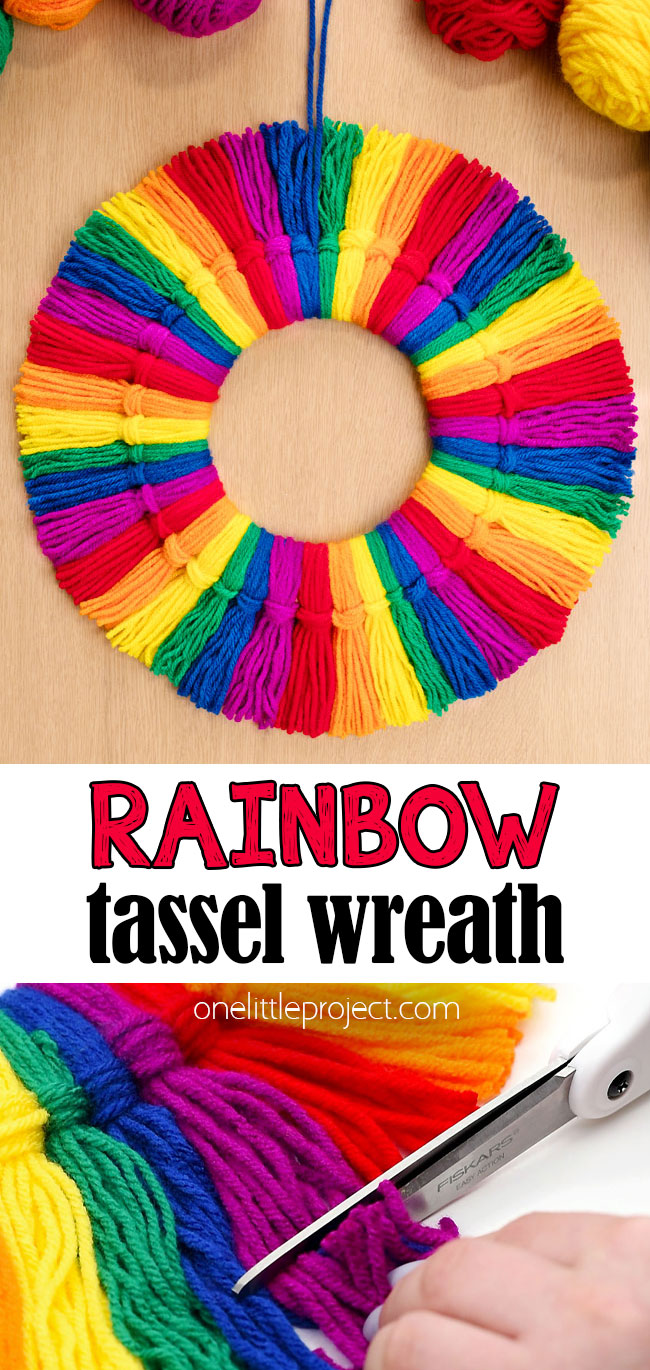 Homemade tassel wreath in rainbow colours