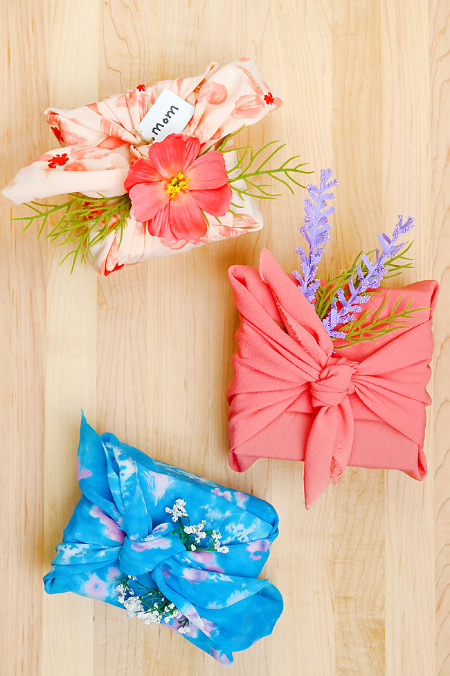 Mother's Day gifts packaged with folded fabric gift wrap