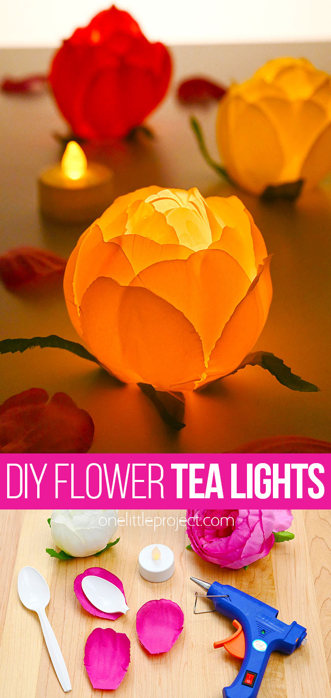 Glue flower petals to a battery operated tealight candle