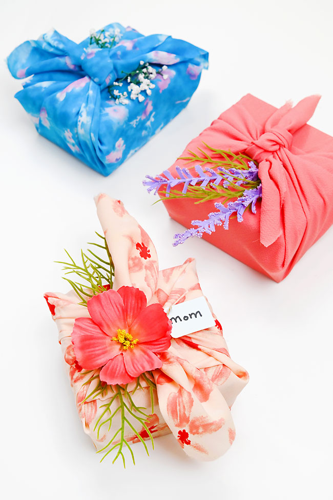 Presents wrapped in furoshiki fabric wrap