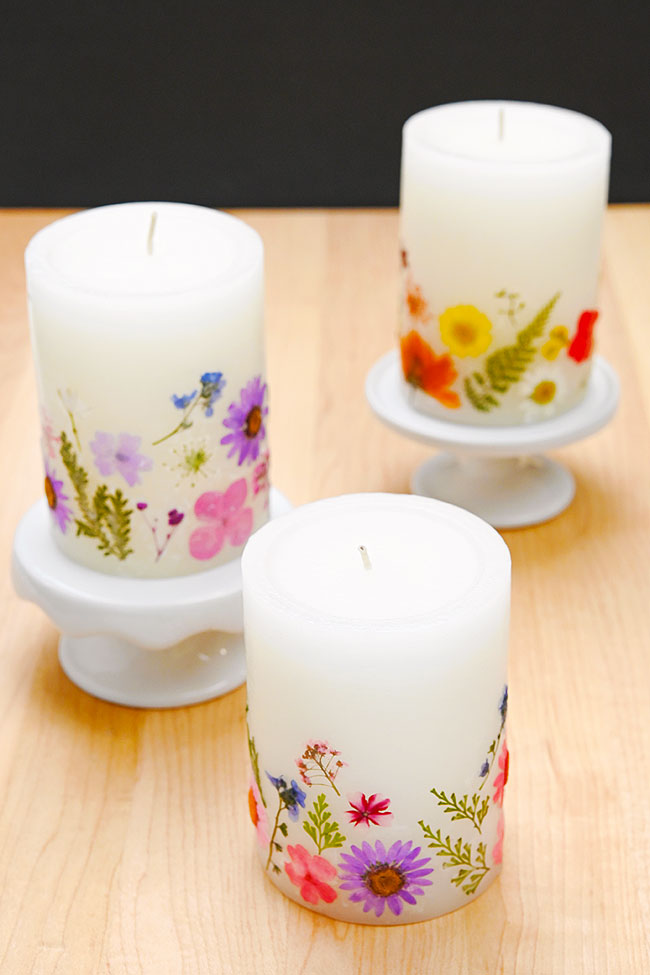 Three decorative, DIY pressed flower candles
