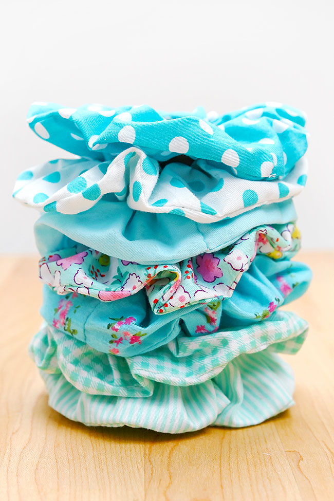 Stack of patterned DIY hair scrunchies