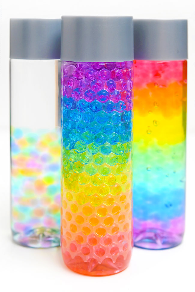 Rainbow coloured DIY sensory bottles