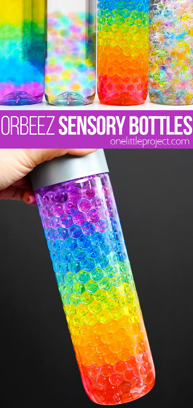 Sensory bottle with rainbow coloured Orbeez