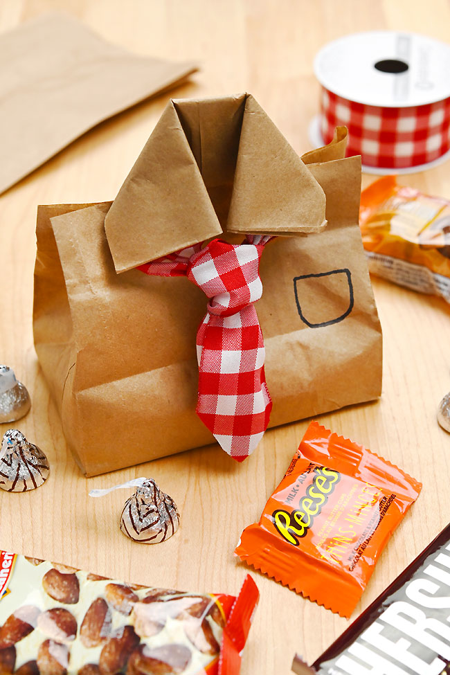 Cute Father's Day gift bag made with a paper sandwich bag and plaid ribbon