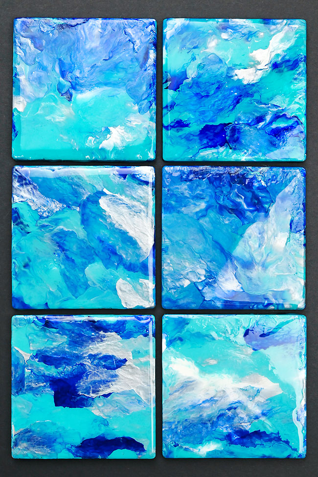 Fluid art coasters made with acrylic pour paint
