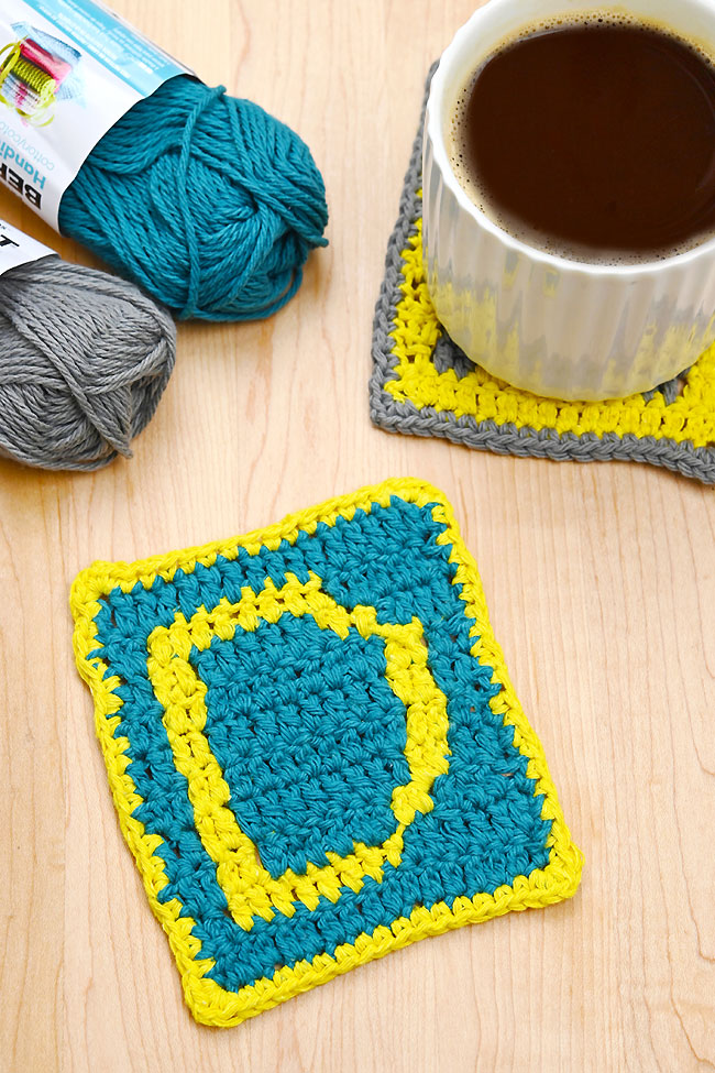 Using a monogram crochet coaster made with a free, printable pattern