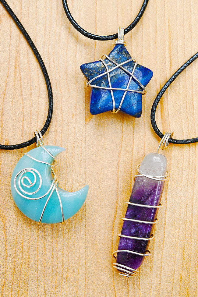 Wire wrapped pendants made with shaped stones