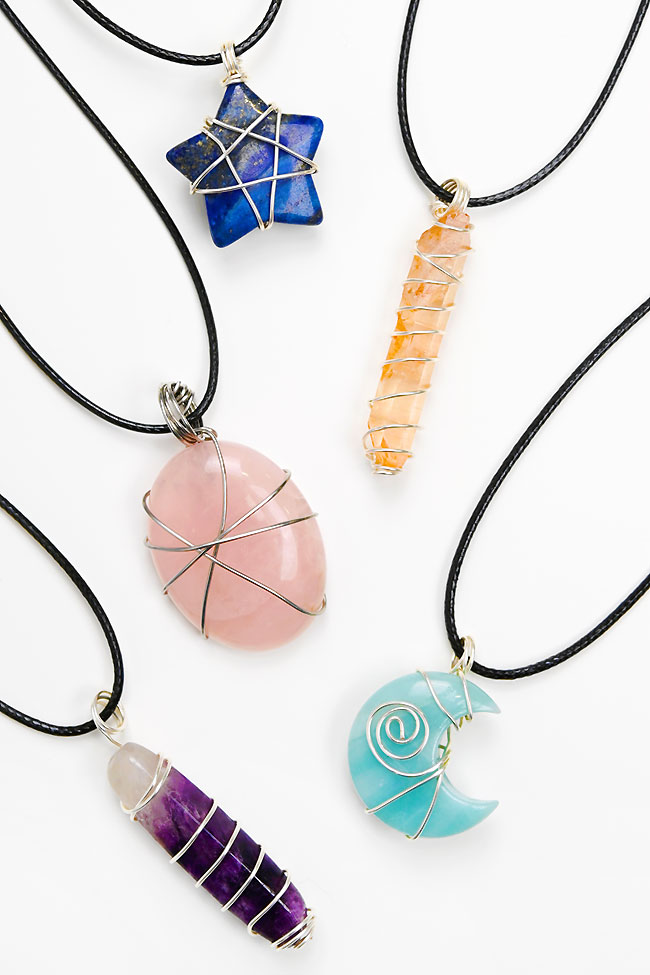 Wire wrapped jewelry made with colourful shaped stones
