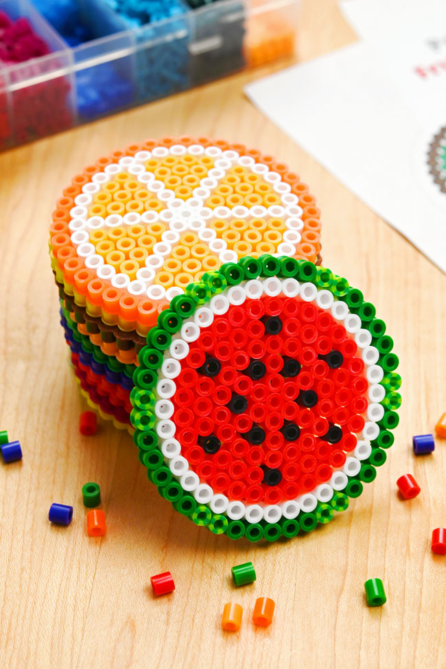 Stack of cute Perler bead fruit designs