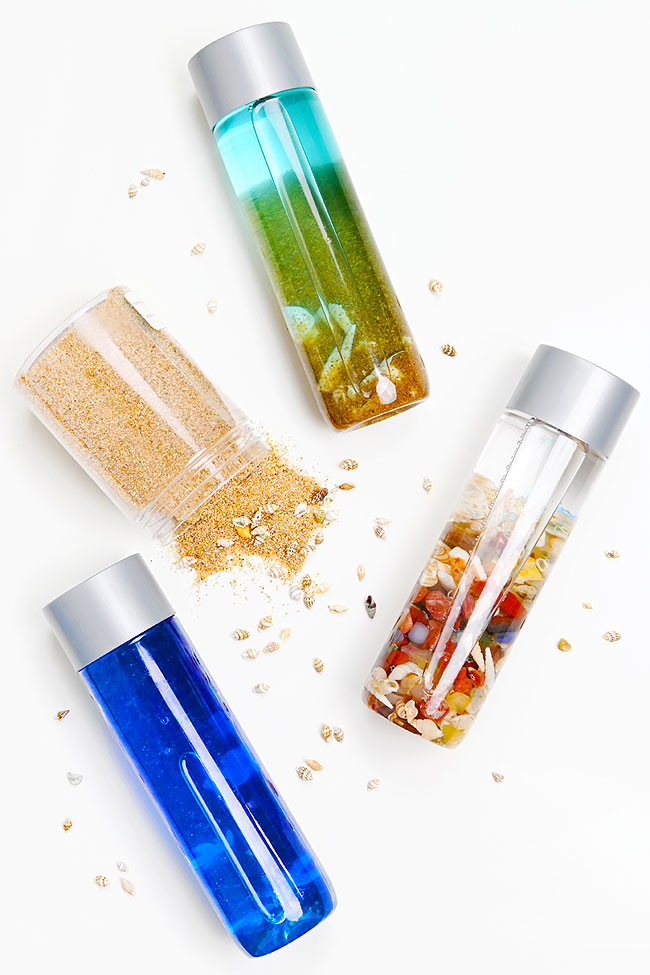Three different ocean sensory bottles fun for discovery play