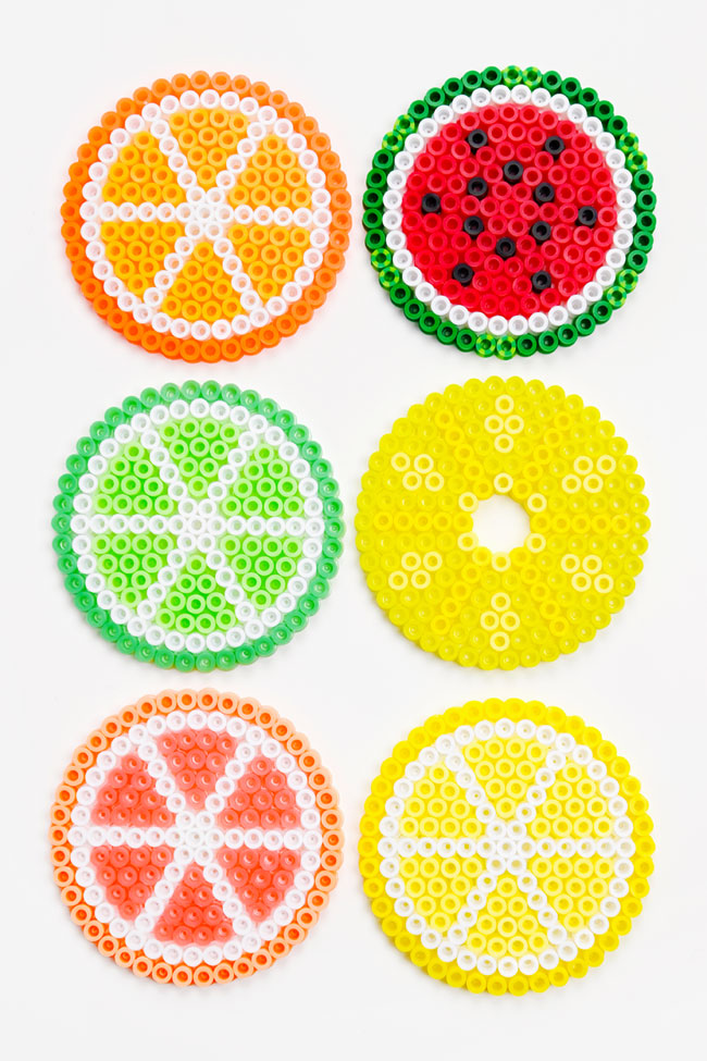 Perler bead orange, watermelon, lime, pineapple, grapefruit, and lemon fruit patterns