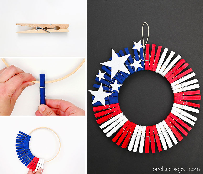 DIY red, white, and blue clothespin wreath