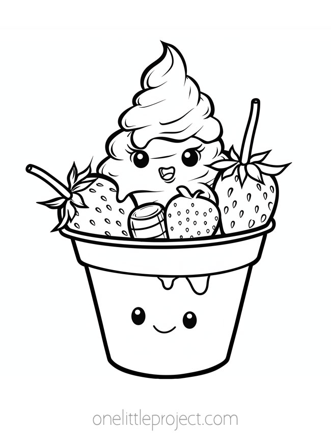 Ice Cream Coloring Page - kawaii fruit sundae in a cup